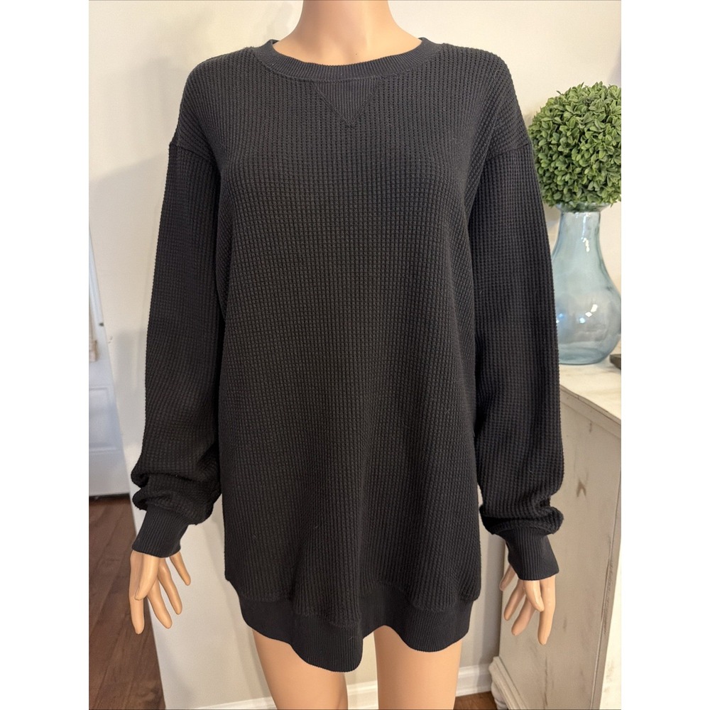 Aerie Black Waffle Knit Crewneck Thermal Oversized Sweatshirt Medium